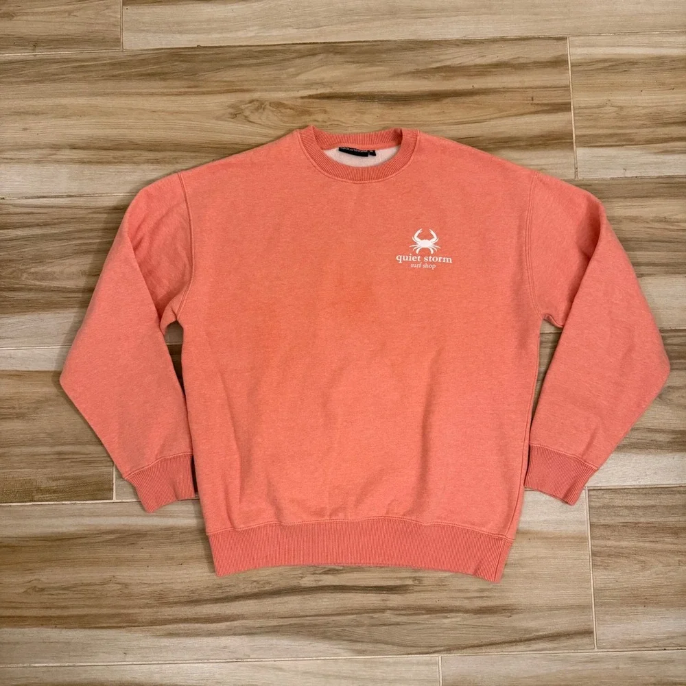 Quiet Storm Surf Shop Coral Pink Gingham Crab Graphic Crewneck Sweatshirt Medium - Picture 1 of 7